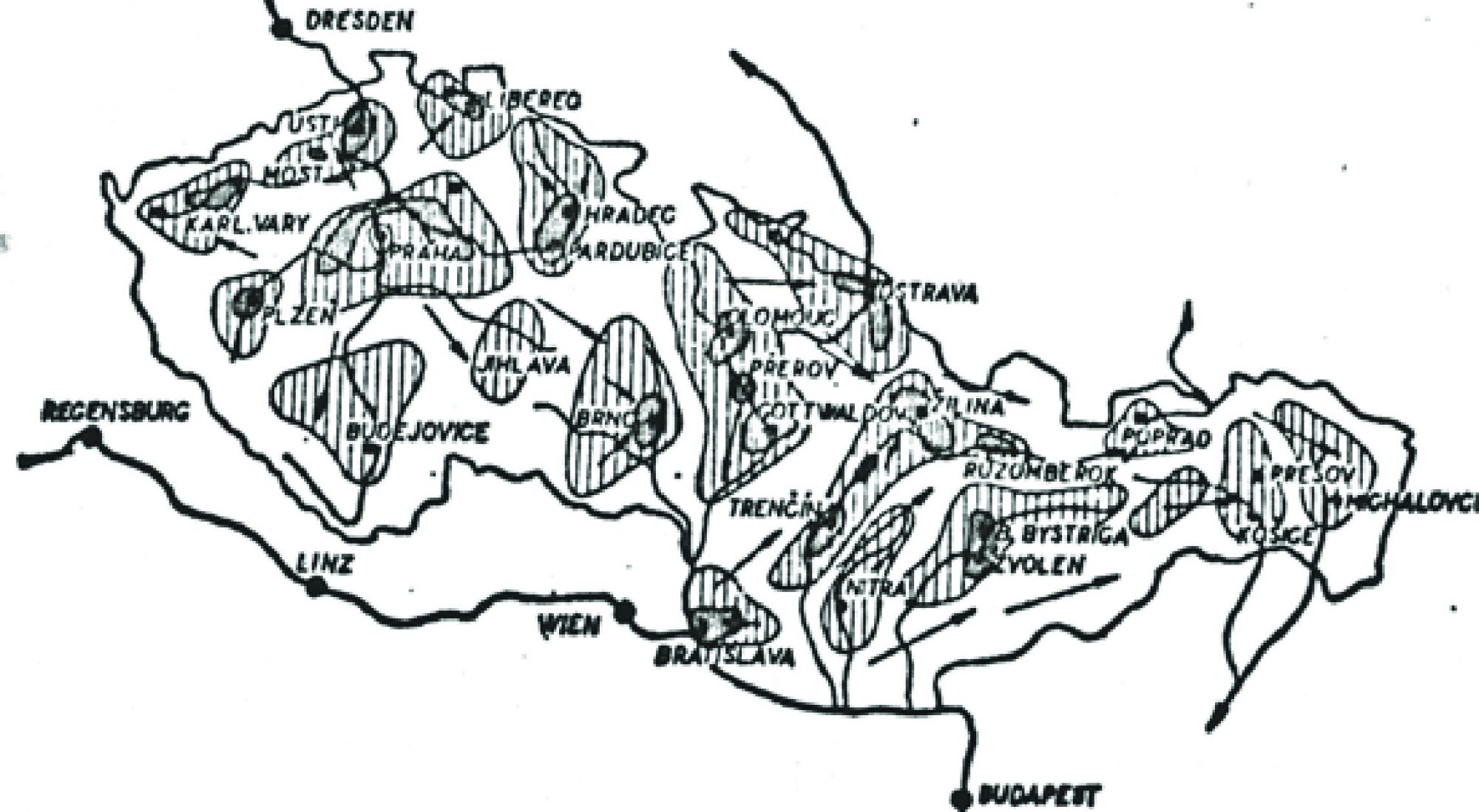 obr.  4 - Prechod od bodových koncentrácií po pásovú regionálnu sústavu (Hruška, 1970)